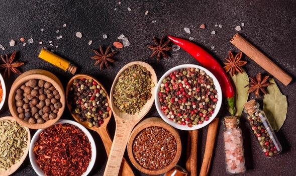 Overhead view of Indian spices and pulses